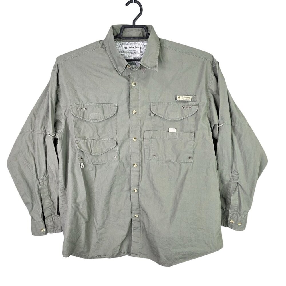 Mens Columbia Green PFG Fishing Shirt Long Sleeve Button Up Cotton Outdoor L